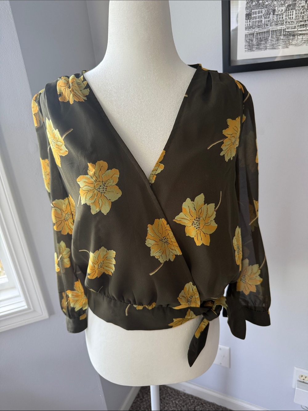 Madewell Effie Olive Wrap Blouse with Yellow Floral Print